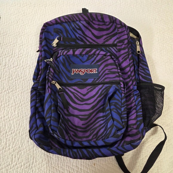 Jansport Handbags - JanSport Big Student Backpack Purple Blue Zebra Stripe Animal Print Multi Pocket
